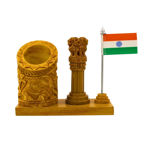 Wooden Ashoka Pillar pen stand holding pens, patriotic workspace desk organizer