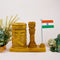 Wooden Ashok Stambh pen stand with rupee design and national flag on office desk