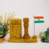 Wooden Ashok Stambh pen stand with rupee design and national flag on office desk