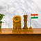 Handcrafted wooden pen stand with Ashoka Pillar carving and national flag, workspace accessory