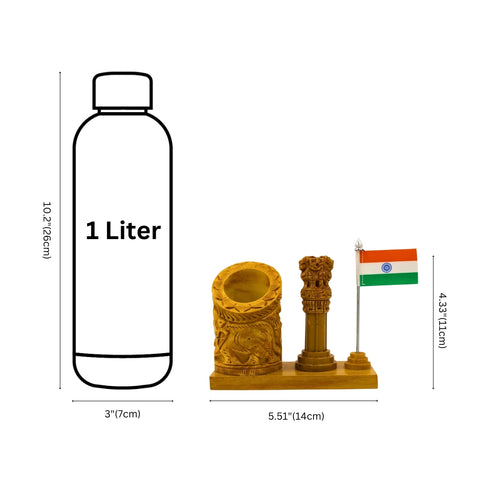 Wooden Pen Stand with Ashoka Pillar & national Flag