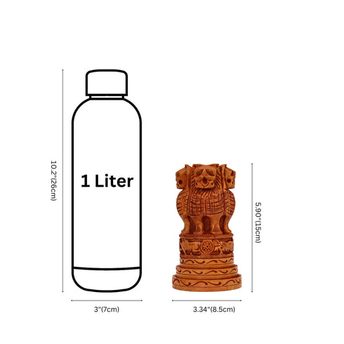 Small wooden Ashoka Stambh displayed on shelf, handcrafted Indian national emblem