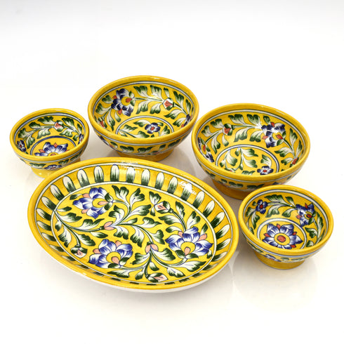 Yellow Floral Oval Platter & Bowl Set – Handcrafted Jaipur Blue Pottery for Festive Dining