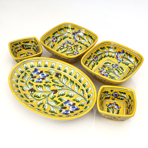 Yellow Floral Rectangular Platter & Bowl Set – Handcrafted Jaipur Blue Pottery for Elegant Dining