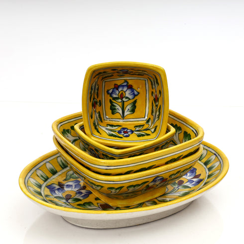 Yellow Floral Rectangular Platter & Bowl Set – Handcrafted Jaipur Blue Pottery for Elegant Dining