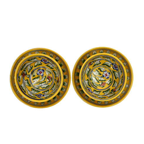 Yellow Floral Round Platter & Bowl Set – Handcrafted Jaipur Blue Pottery for Stylish Serving