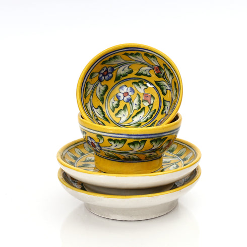 Yellow Floral Round Platter & Bowl Set – Handcrafted Jaipur Blue Pottery for Stylish Serving