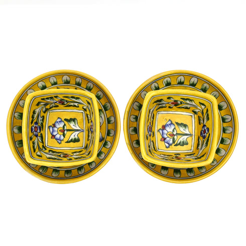Yellow Floral Square Platter & Bowl Set – Handcrafted Jaipur Blue Pottery for Timeless Dining
