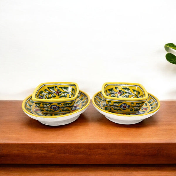 Yellow Floral Square Platter & Bowl Set – Handcrafted Jaipur Blue Pottery for Timeless Dining