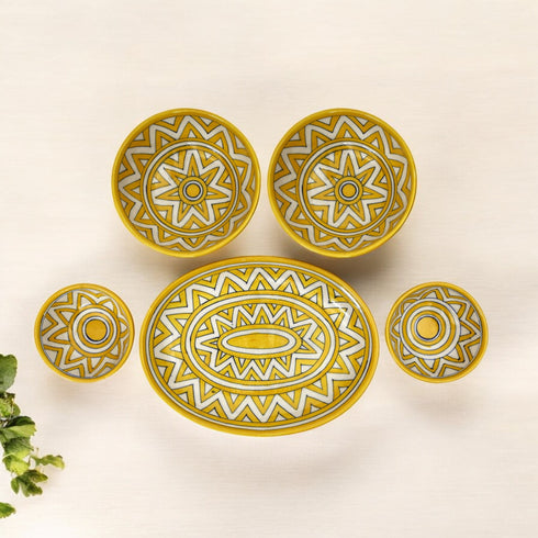 Yellow Geometric Oval Platter & Bowl Set – Handcrafted Jaipur Blue Pottery for Modern Dining