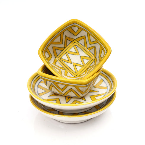 Yellow Star Geometric Bowl – Handcrafted Jaipur Blue Pottery for Contemporary Serving