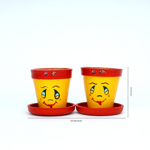 Yellow and Red Handcrafted Terracotta Planters - Set of 2 - Funky Hand Painting