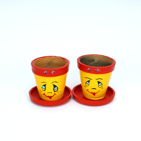 Yellow and Red Handcrafted Terracotta Planters - Set of 2 - Funky Hand Painting