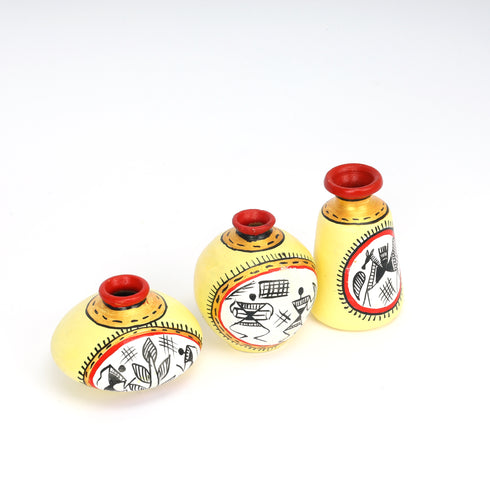 Yellow and Red Handcrafted Terracotta Pots for Home Decor - Set of 3 - Warli Hand Painting