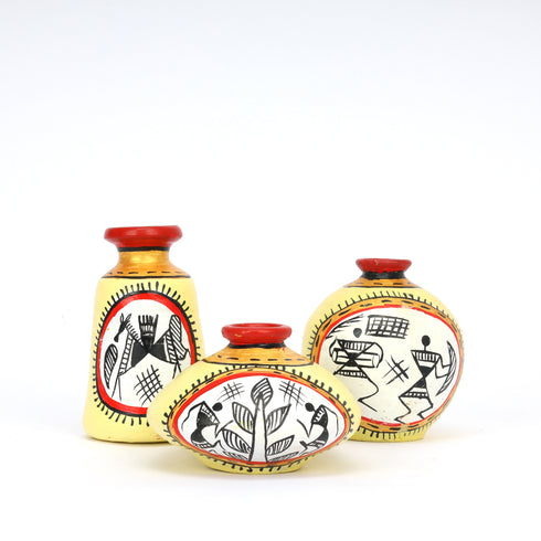 Yellow and Red Handcrafted Terracotta Pots for Home Decor - Set of 3 - Warli Hand Painting