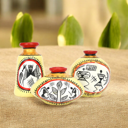 Yellow and Red Handcrafted Terracotta Pots for Home Decor - Set of 3 - Warli Hand Painting