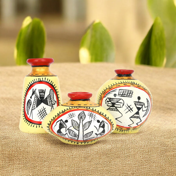 Yellow and Red Handcrafted Terracotta Pots for Home Decor - Set of 3 - Warli Hand Painting