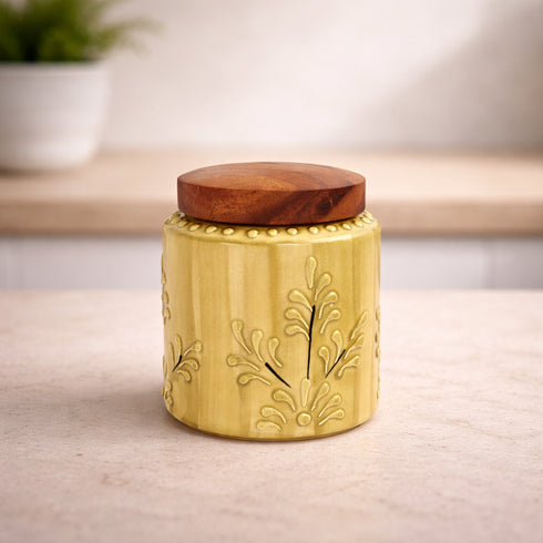 Yellow flower embossed Ceramic air-tight jar