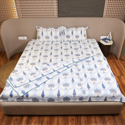 Folded Blue Blooming Vines Lattice Cotton Bedding Set highlighting premium cotton fabric and intricate floral vine lattice designs.