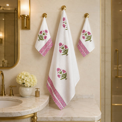 Pink Floral Pattern Waffle Weave Bath and Hand Towel - Hand Block Print