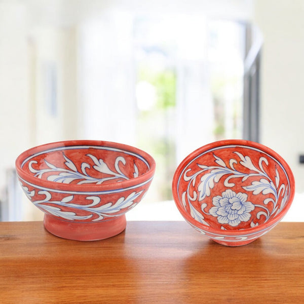 Handcrafted Reddish Brown Round Blue Pottery Bowls—Set of 2—Floral Pattern—6”