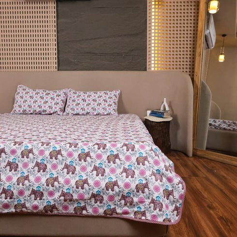 Royal Elephant Bloom Print Double Bed Bedcover with Matching Pillow Covers
