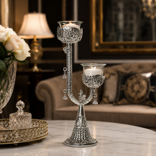 Artisan Crafted German Silver Twin Candle Stand – Premium Velvet Gifting Box
