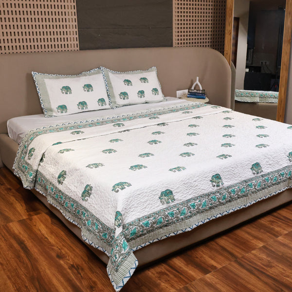 Hand Block Print Elephant Mulmul Cotton Double Bedcover and Pillow Cover Set