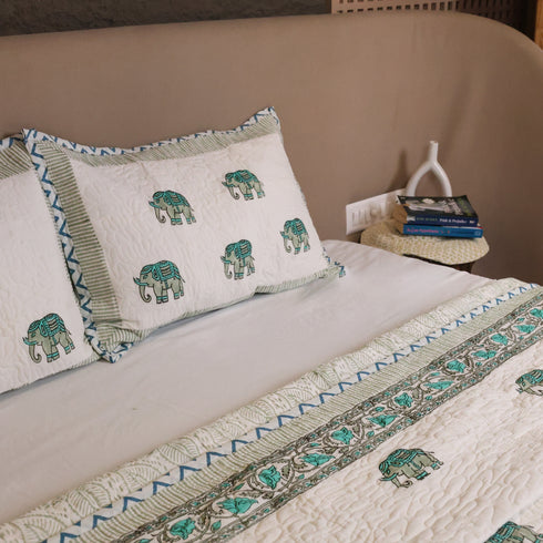 Close-up of Hand Block Print Elephant Mulmul Cotton Dohar showcasing detailed elephant motifs, artisanal block printing, and soft mulmul texture.