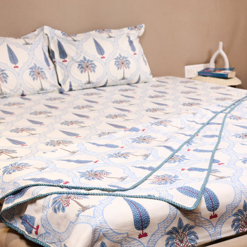 Handcrafted Blue Blooming Vines Lattice Cotton King Size Bedsheet, Pillow Cover and Dohar 4-piece set crafted from soft breathable cotton with elegant blue floral vine patterns for stylish and comfortable bedding.