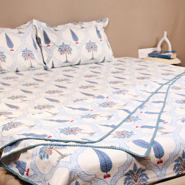 Handcrafted Blue Blooming Vines Lattice Cotton King Size Bedsheet, Pillow Cover and Dohar 4-piece set crafted from soft breathable cotton with elegant blue floral vine patterns for stylish and comfortable bedding.