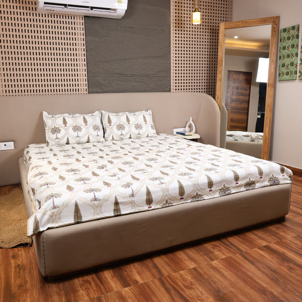 Handcrafted Leaf Lattice Cotton King Size Bedsheet, Pillow Cover and Dohar 4-piece set featuring elegant leaf lattice patterns on soft cotton fabric.