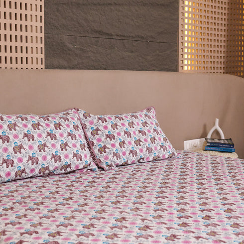 Close-up of Royal Elephant Bloom Pattern on Double Bed Bedcover