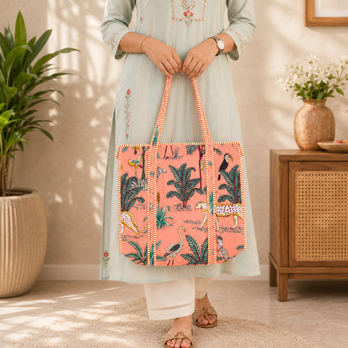 Peach Safari Tropical Trials Quilted Tote Bag - Hand Block Print