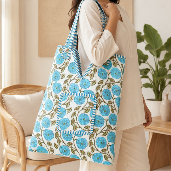 Blue Floral Vines Tote Bag/Jhola – Hand Block Print
