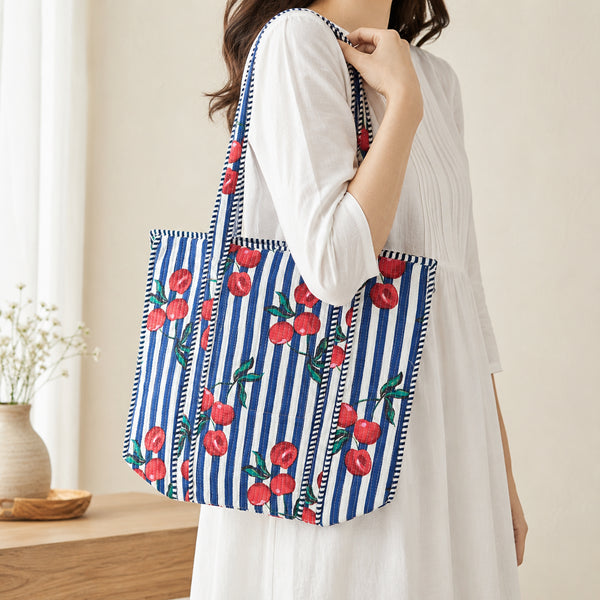 Cherry Blossom Quilted Tote Bag - Hand Block Print