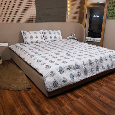 Close-up of Misty Blue Floral Pattern Bedcover showcasing detailed floral artwork, fine stitching, and premium cotton texture.