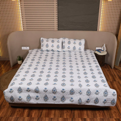 Folded Misty Blue Floral Pattern Bedcover highlighting premium fabric, soft texture, and intricate floral prints.