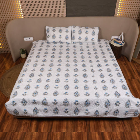 Misty Blue Floral Pattern Double Bed Bedcover and Pillow Cover set crafted from premium cotton with elegant floral prints for sophisticated bedroom décor and everyday comfort.