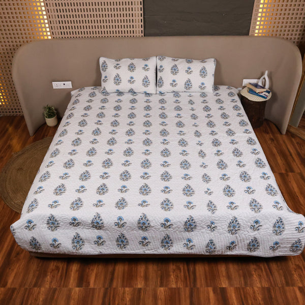 Misty Blue Floral Pattern Double Bed Bedcover and Pillow Cover set crafted from premium cotton with elegant floral prints for sophisticated bedroom décor and everyday comfort.