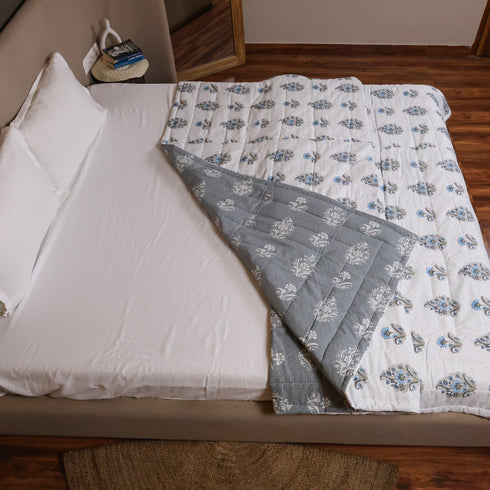 Misty Blue Floral Pattern Double Bed Comforter crafted from premium cotton with elegant floral prints, offering warmth, comfort, and sophisticated bedroom style.