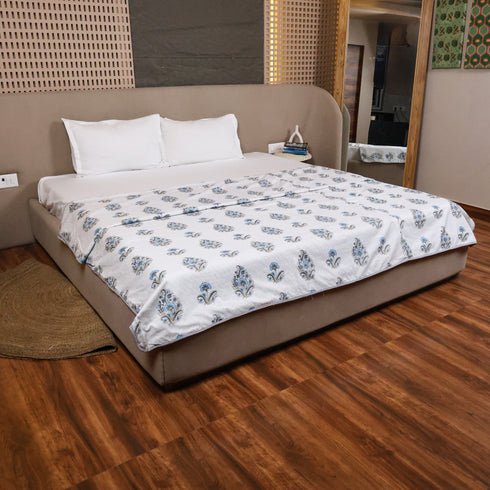 Misty Blue Floral Pattern Double Bed Dohar crafted from soft breathable cotton with elegant floral prints for stylish and comfortable bedding.