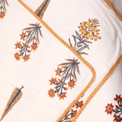 Premium Floral Pattern Cotton King Size Bedding Set styled on a bed, showcasing coordinated bedsheet, pillow covers, and dohar.
