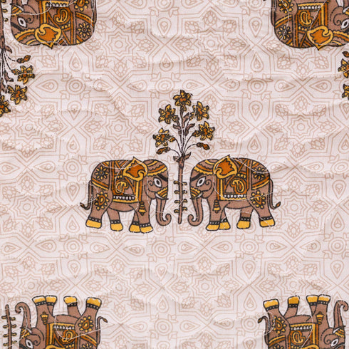 Close-up of Regal Elephant Caravan Bedcover showcasing intricate elephant motifs, fine stitching, and premium cotton texture.