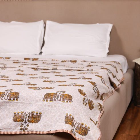 Regal Elephant Caravan Double Bed Dohar showcasing intricate elephant procession artwork and handcrafted detailing.