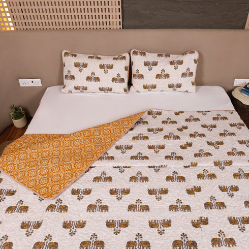 Regal Elephant Caravan Handcrafted Bedcover and Pillow Cover set featuring traditional elephant procession motifs and intricate artisanal detailing.
