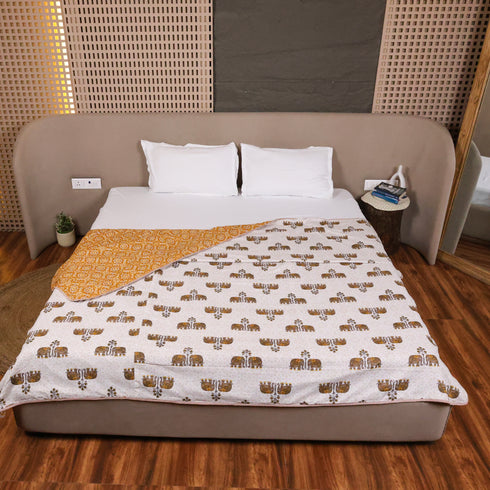 Regal Elephant Caravan Handcrafted Double Bed Dohar crafted from soft breathable cotton with traditional elephant procession motifs and artisanal craftsmanship.