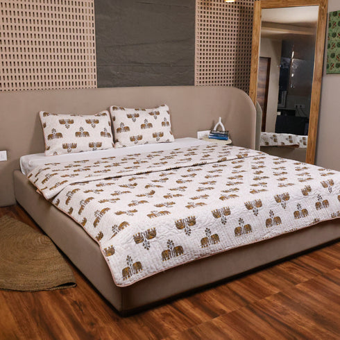 Matching Regal Elephant Caravan Pillow Cover featuring handcrafted elephant procession artwork and decorative detailing.