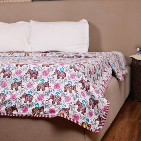 Royal Elephant Bloom Double Bed Dohar showcasing intricate elephant artwork, floral prints, and handcrafted detailing.