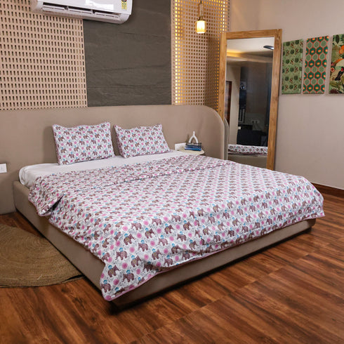 Royal Elephant Bloom Double Bed Bedcover and Pillow Cover Set